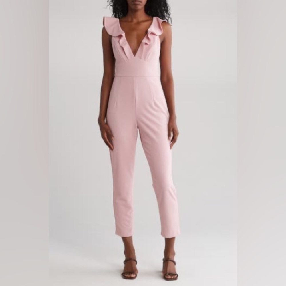 Lulu’s Leilani Ruffled Jumpsuit Straight Leg One Piece V-Neck Pink size XS